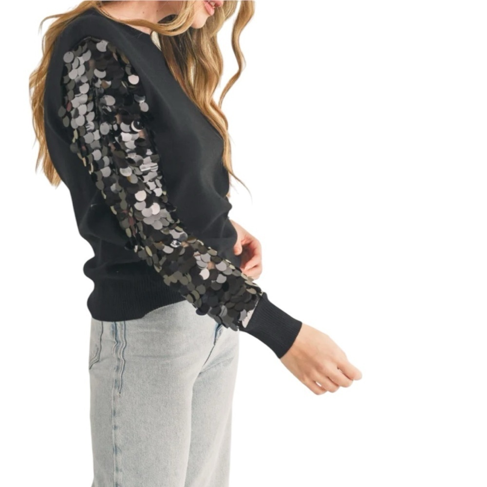 Sioni Milano Black Sequin Sleeve Crew Neck Sweater Women’s XS Party Glamour - Picture 3 of 12